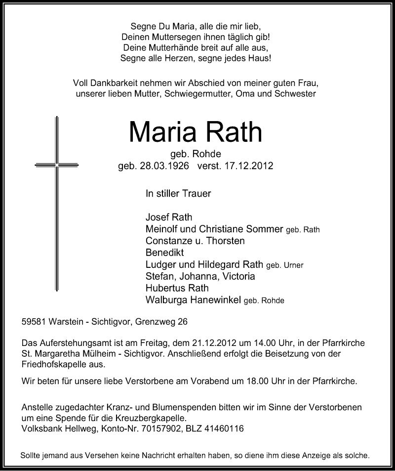  Traueranzeige für Maria Rath vom 19.12.2012 aus MZV