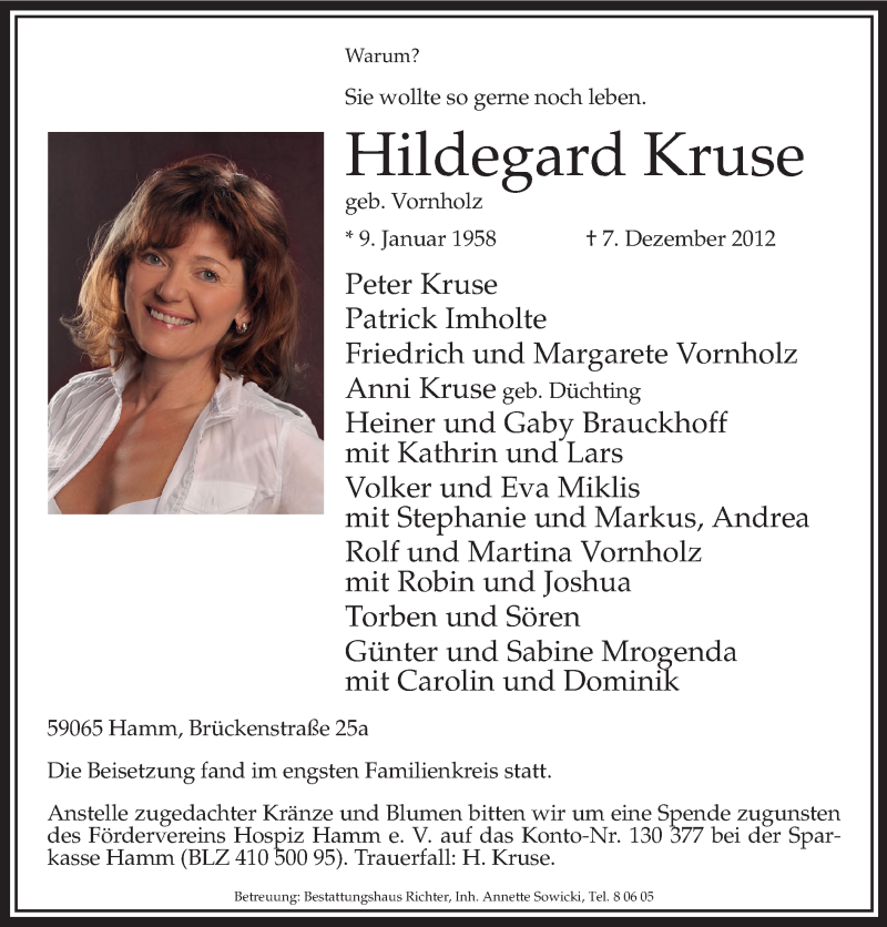  Traueranzeige für Hildegard Kruse vom 22.12.2012 aus MZV