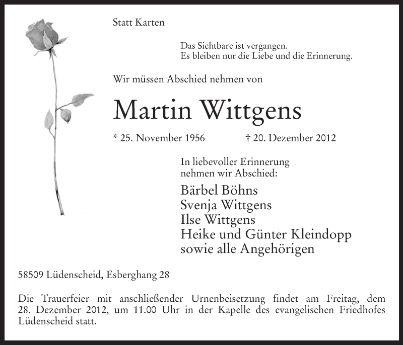  Traueranzeige für Martin Wittgens vom 24.12.2012 aus MZV