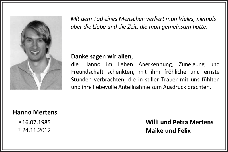  Traueranzeige für Hanno Mertens vom 05.01.2013 aus MZV