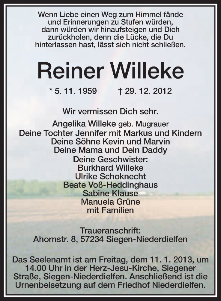  Traueranzeige für Reiner Willeke vom 05.01.2013 aus MZV
