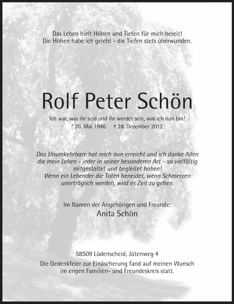  Traueranzeige für Rolf Peter Schön vom 05.01.2013 aus MZV