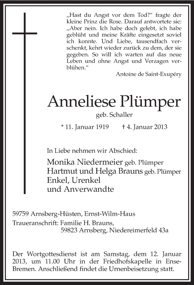  Traueranzeige für Anneliese Plümper vom 07.01.2013 aus MZV