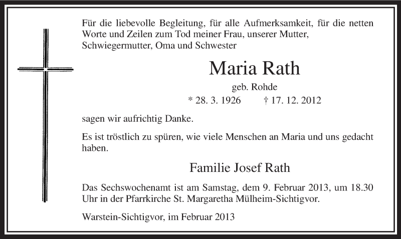  Traueranzeige für Maria Rath vom 02.02.2013 aus MZV