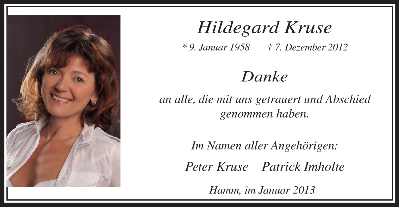  Traueranzeige für Hildegard Kruse vom 12.01.2013 aus MZV