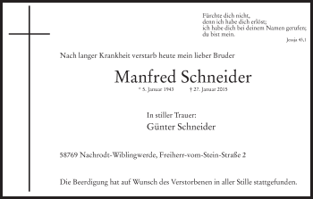 Traueranzeige von Manfred Schneider von MZV