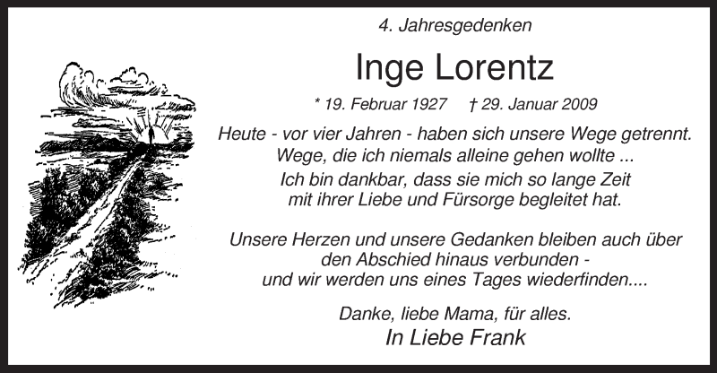  Traueranzeige für Inge Lorentz vom 29.01.2013 aus MZV