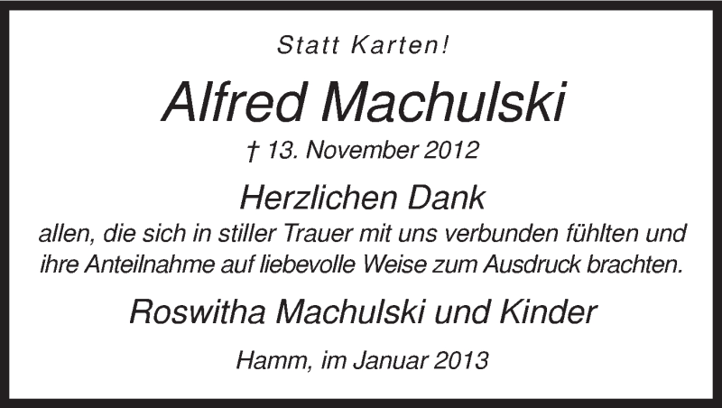  Traueranzeige für Alfred Machulski vom 19.01.2013 aus MZV