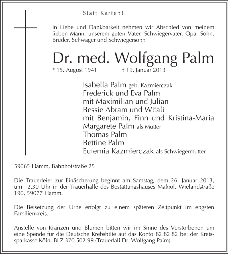  Traueranzeige für Wolfgang Palm vom 23.01.2013 aus MZV