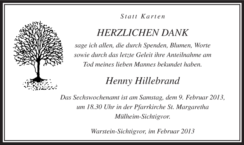  Traueranzeige für Henny Hillebrand vom 02.02.2013 aus MZV