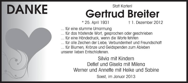  Traueranzeige für Gertrud Breiter vom 26.01.2013 aus Westfälischer Anzeiger