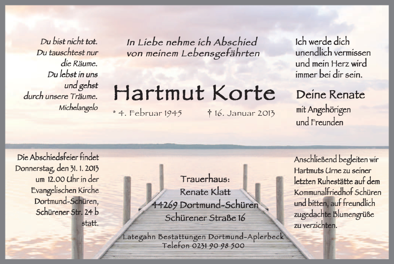  Traueranzeige für Hartmut Korte vom 26.01.2013 aus MZV