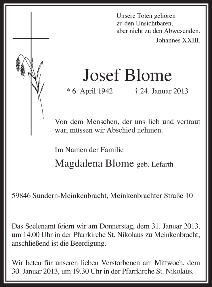  Traueranzeige für Josef Blome vom 28.01.2013 aus MZV