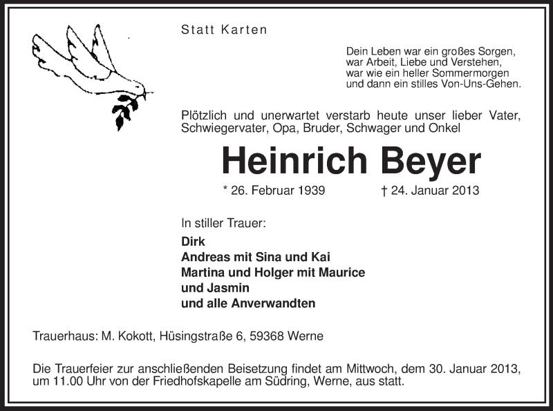  Traueranzeige für Heinrich Beyer vom 28.01.2013 aus MZV