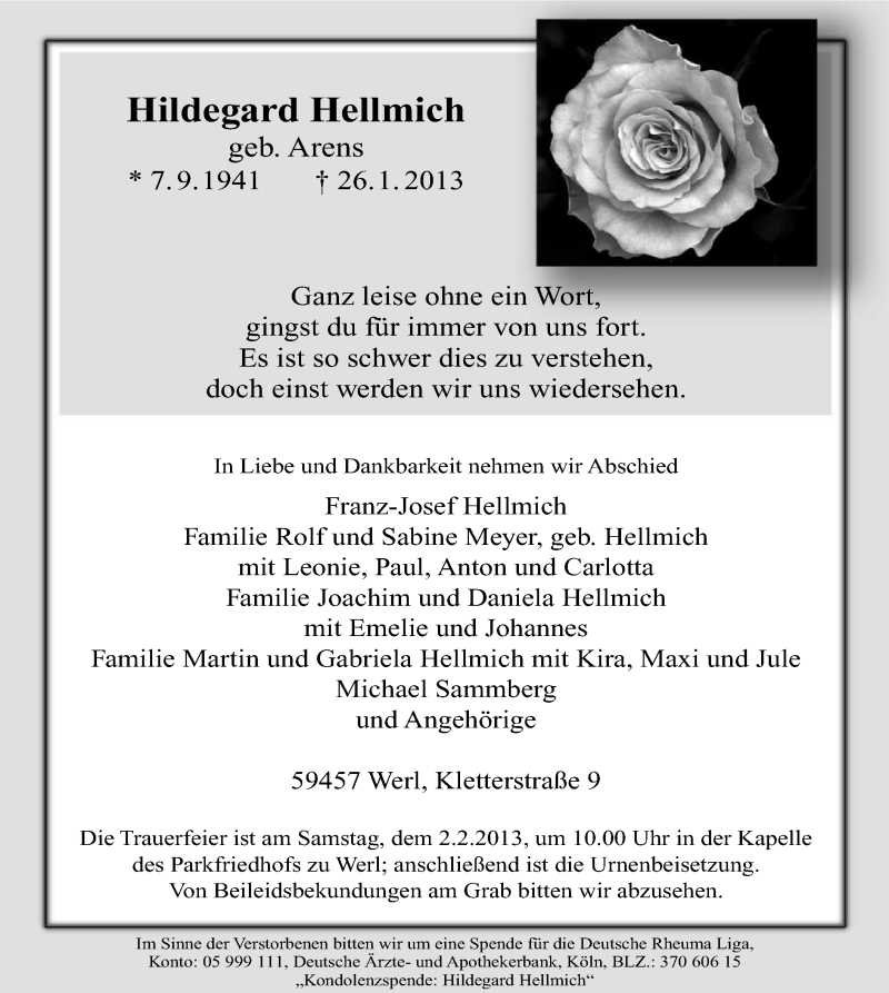  Traueranzeige für Hellmich Hildegard vom 29.01.2013 aus MZV