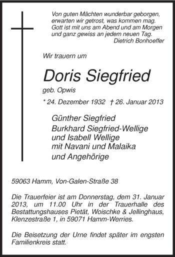 Traueranzeige von Doris Siegfried von MZV