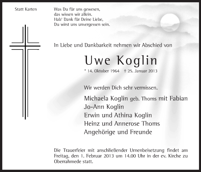  Traueranzeige für Uwe Koglin vom 29.01.2013 aus MZV