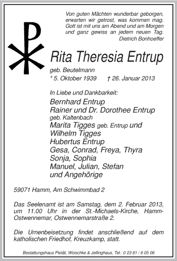 Traueranzeige von Rita Theresia Entrup von MZV