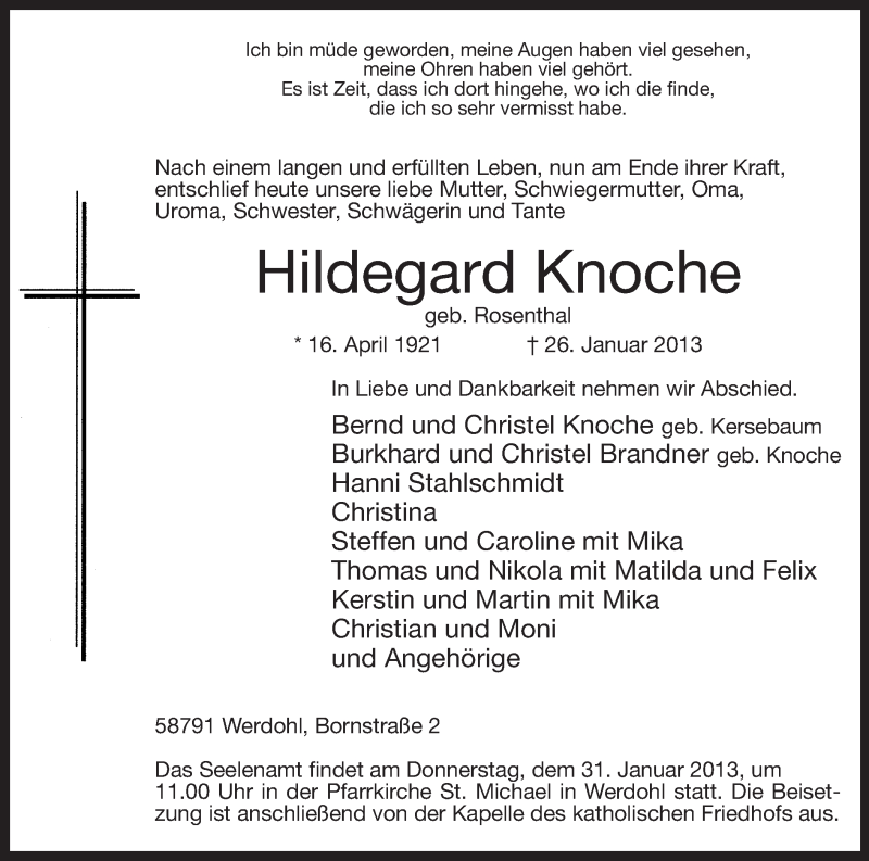  Traueranzeige für Hildegard Knoche vom 29.01.2013 aus MZV