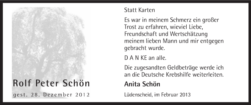  Traueranzeige für Rolf Peter Schön vom 02.02.2013 aus MZV