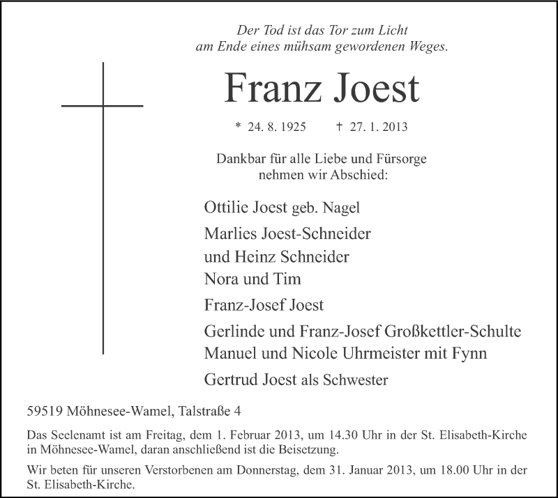  Traueranzeige für Franz Joest vom 29.01.2013 aus MZV