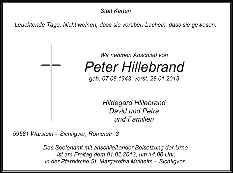  Traueranzeige für Peter Hillebrand vom 30.01.2013 aus MZV