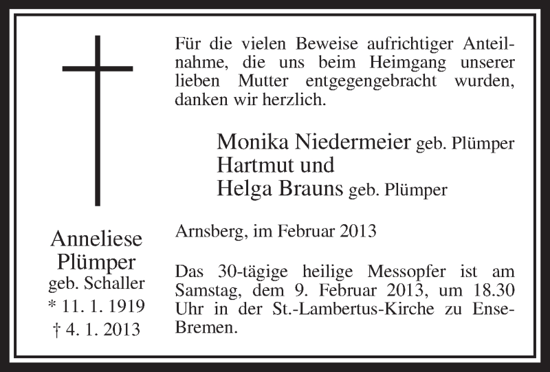  Traueranzeige für Anneliese Plümper vom 02.02.2013 aus MZV