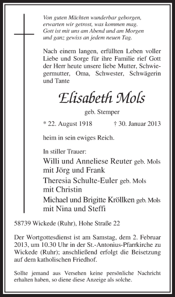 Traueranzeige von Elisabeth Mols von MZV
