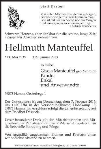 Traueranzeige von Hellmuth Manteuffel von MZV