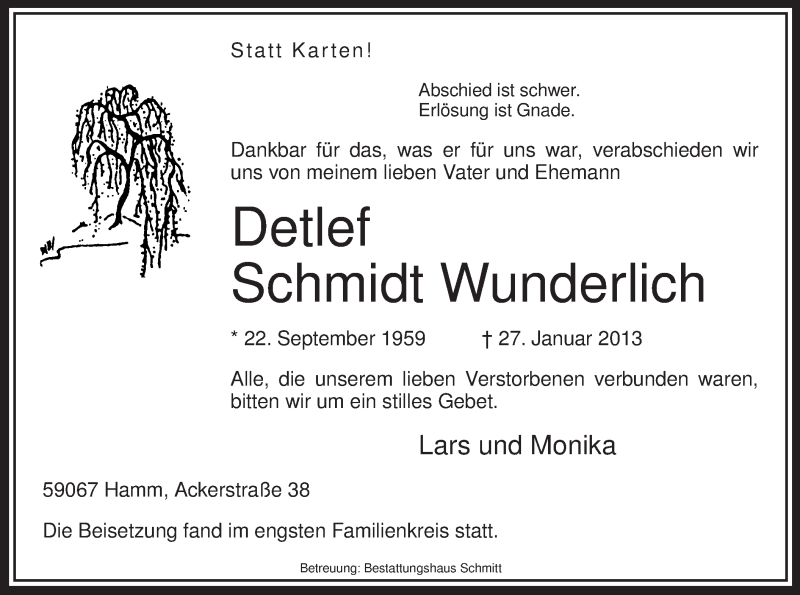  Traueranzeige für Detlef Schmidt Wunderlich vom 06.02.2013 aus MZV