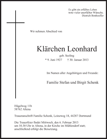 Traueranzeige von Klärchen Leonhard von MZV