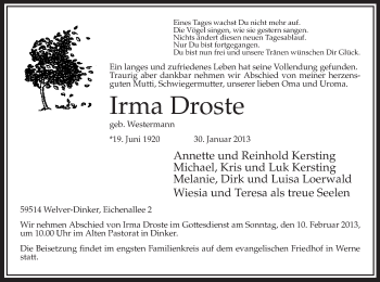 Traueranzeige von Irma Droste von MZV