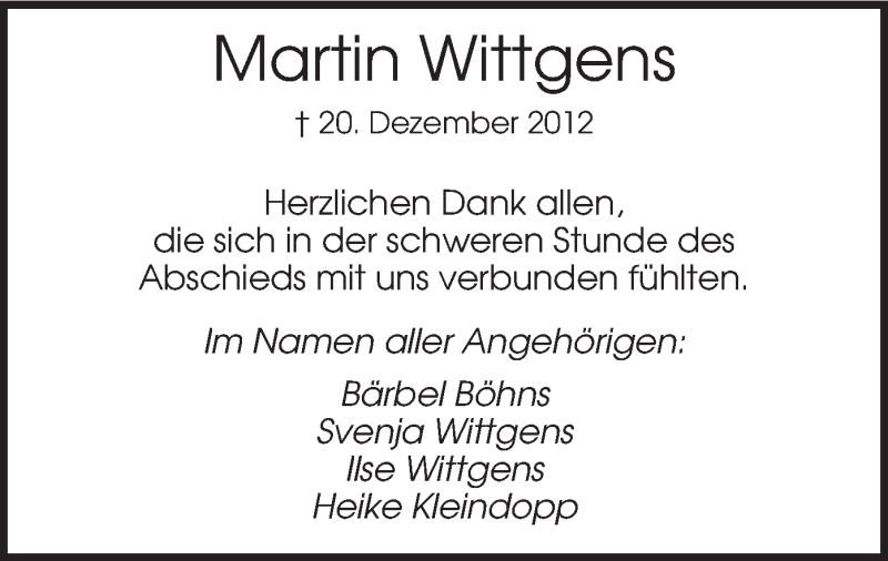  Traueranzeige für Martin Wittgens vom 02.02.2013 aus MZV