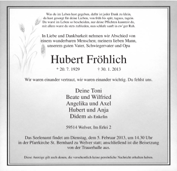 Traueranzeige von Hubert Fröhlich von MZV