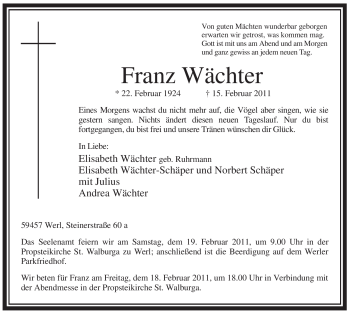 Traueranzeige von Franz Wächter von WESTFÄLISCHER ANZEIGER