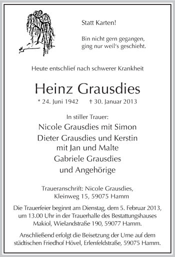Traueranzeige von Heinz Grausdies von MZV