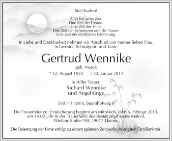 Traueranzeige von Gertrud Wennike von MZV