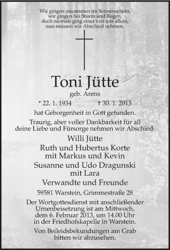 Traueranzeige von Toni Jütte von MZV