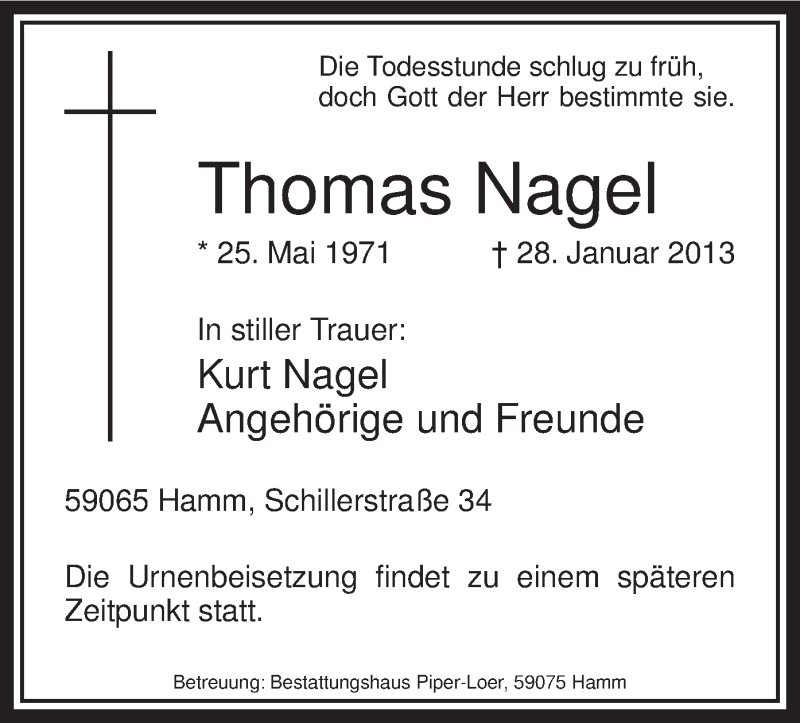  Traueranzeige für Thomas Nagel vom 02.02.2013 aus MZV