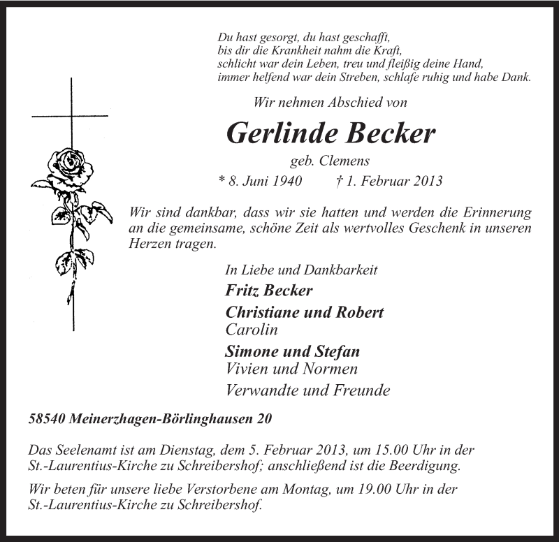  Traueranzeige für Gerlinde Becker vom 02.02.2013 aus MZV