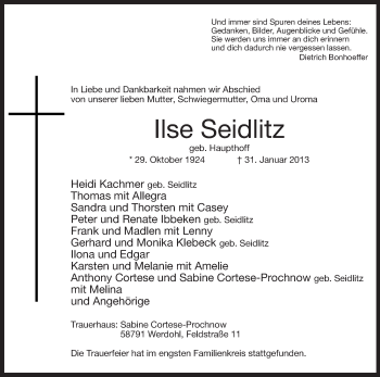 Traueranzeige von Ilse Seidlitz von MZV