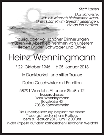 Traueranzeige von Heinz Wenningmann von MZV