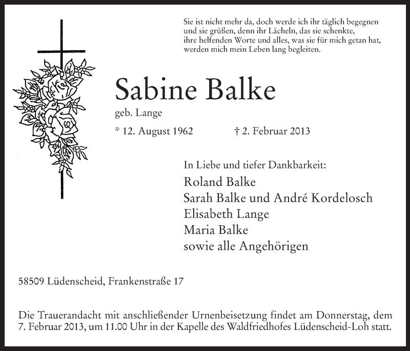  Traueranzeige für Sabine Balke vom 04.02.2013 aus MZV