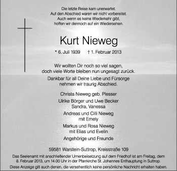 Traueranzeige von Kurt Nieweg von MZV
