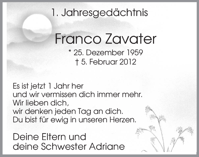  Traueranzeige für Franco Zavater vom 05.02.2013 aus MZV