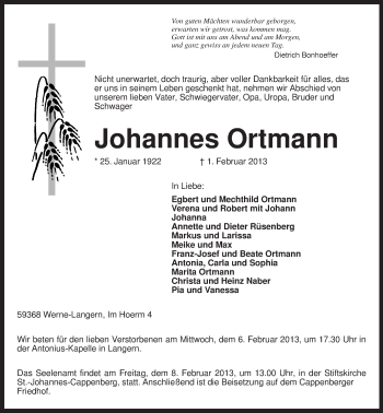 Traueranzeige von Johannes Ortmann von MZV