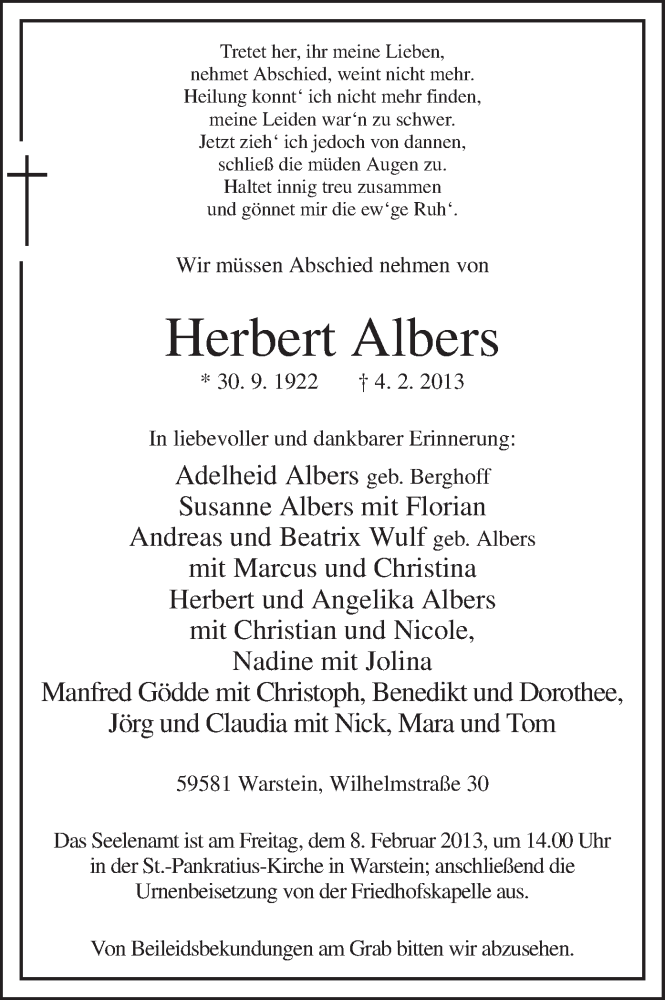  Traueranzeige für Herbert Albers vom 05.02.2013 aus MZV