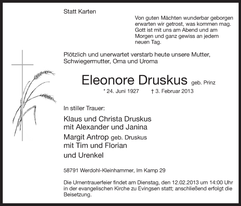  Traueranzeige für Eleonore Druskus vom 06.02.2013 aus MZV
