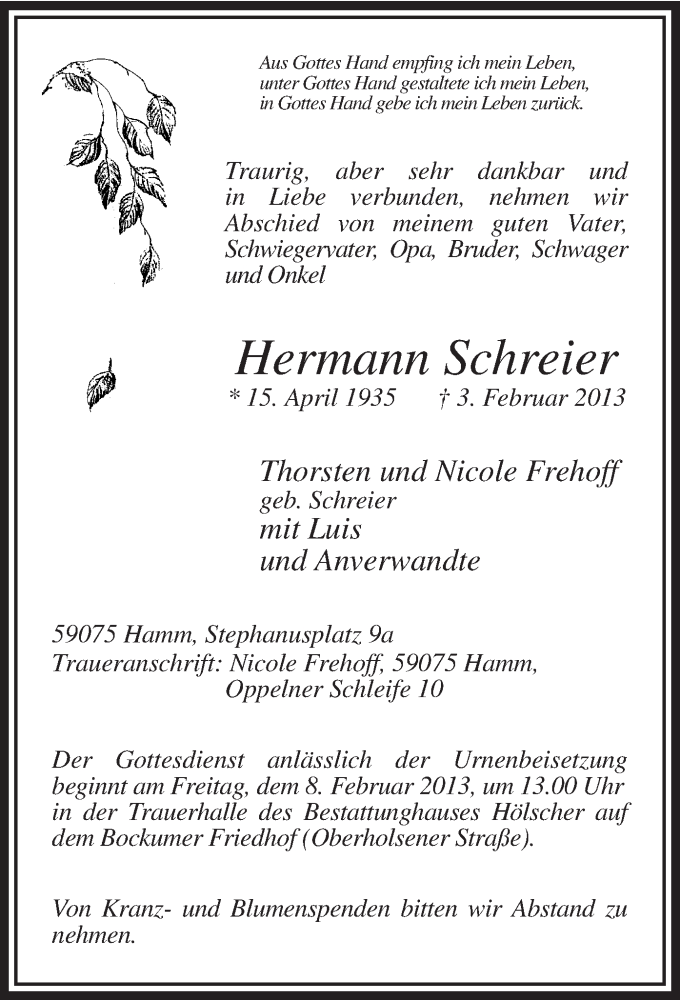  Traueranzeige für Hermann Schreier vom 06.02.2013 aus MZV