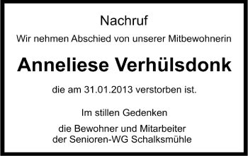 Traueranzeige von Anneliese Verhülsdonk von MZV